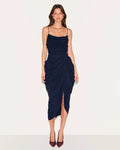 Navy Blue Ruched Spaghetti Strap Slit Midi Dress