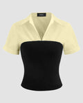 Collar Two Tone Patchy Short Sleeve Shirt In Vanilla and Black