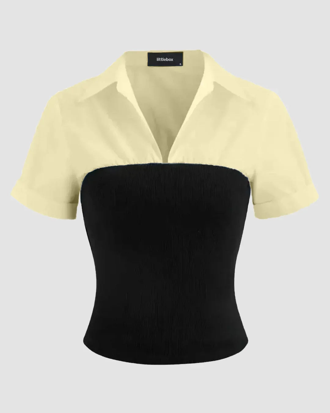 Collar Two Tone Patchy Short Sleeve Shirt In Vanilla and Black