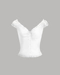 White Ruffle Trim Ruched Button Front Top