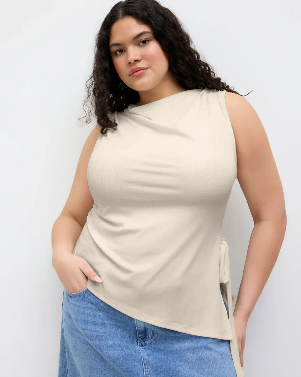 Boat Neck Ruched Split Knotted Asymmetrical Tank Top Curve & Plus in Apricot