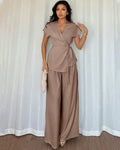 Chocolate Fondae Short Sleeve Wrap Top & Wide-Leg Pants Set