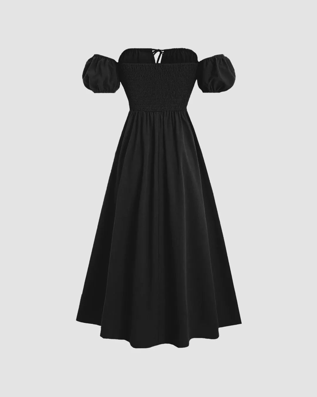 Off-Shoulder Puff Sleeve Solid Color Cinched Maxi Dress In Black