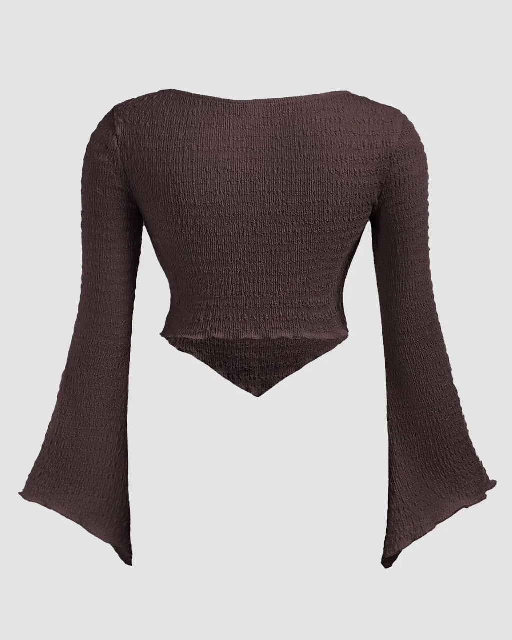 Solid Color Textured Heart Neck Flare Sleeve Casual Long Sleeve Top In Brown Curve & Plus