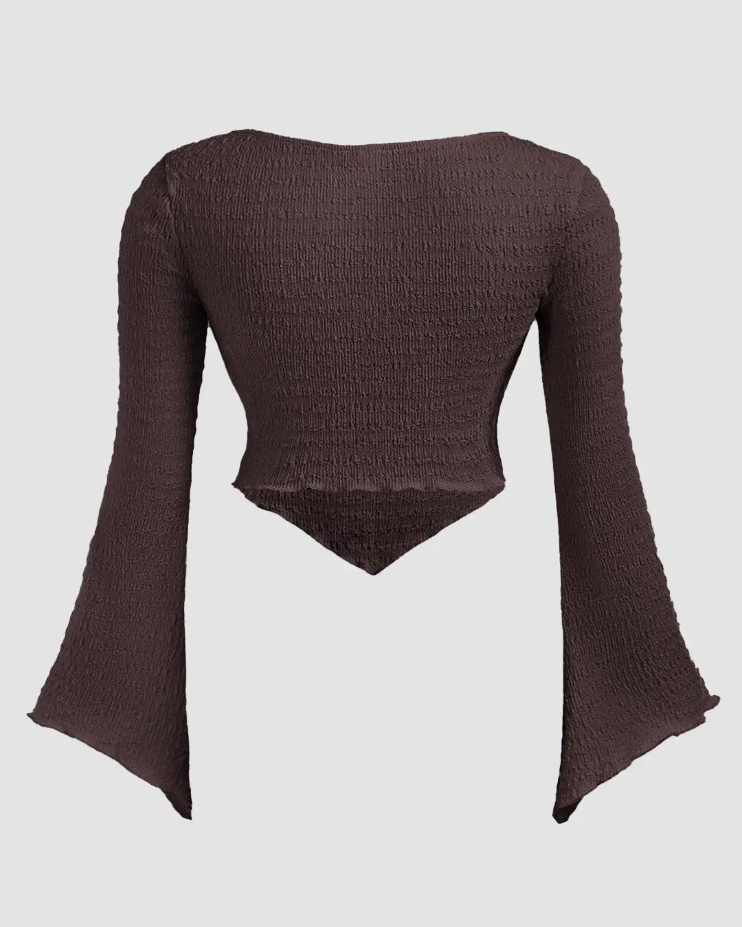 Solid Color Textured Heart Neck Flare Sleeve Casual Long Sleeve Top In Brown Curve & Plus