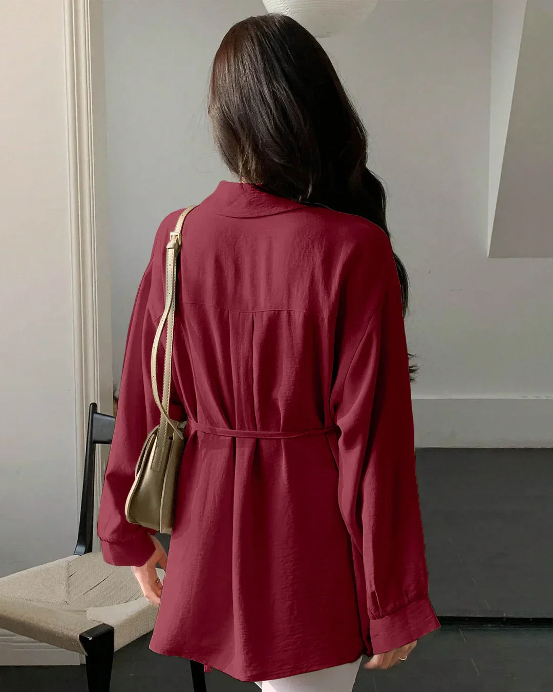 Pleated Button Down Full Sleeve Shirt in Cherry
