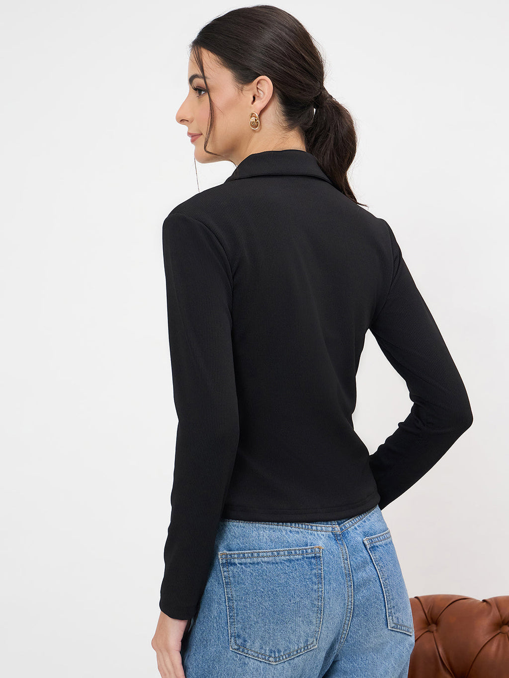 Stretchable Full Sleeves Front Zip Up Top