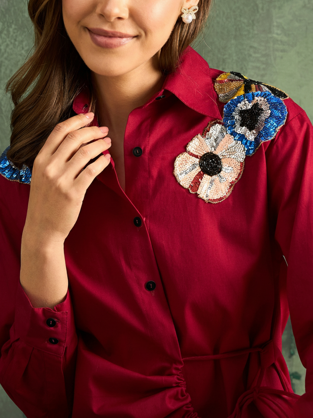 Pure Cotton Tie-Up Sequinned Shirt