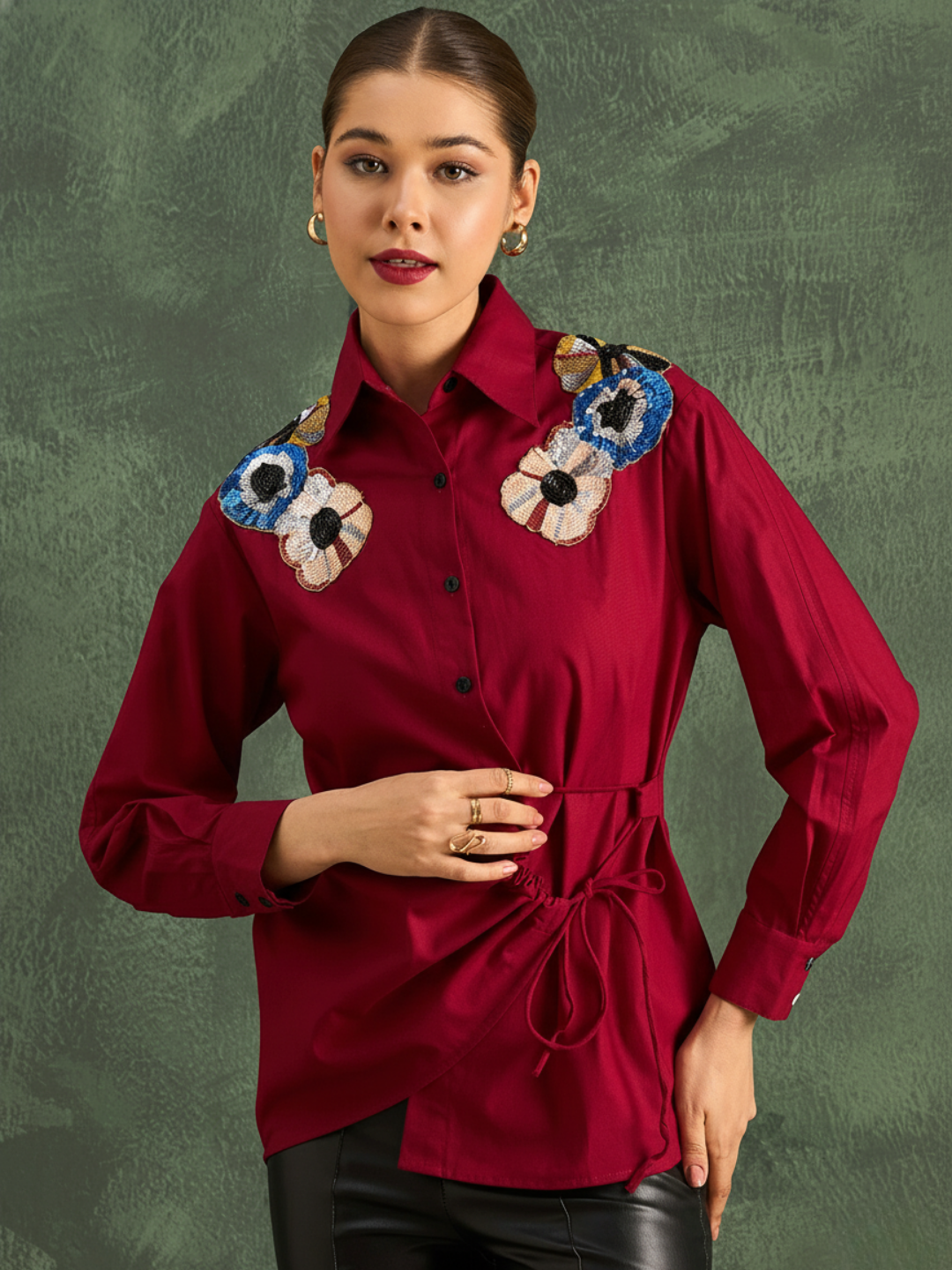 Pure Cotton Tie-Up Sequinned Shirt