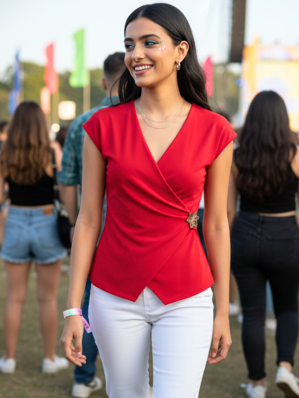 Stretchable Gold Accent Wrap Top - Pinkkup
