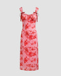 Mesh Square Neck Floral Bowknot Midi Dress in Rose