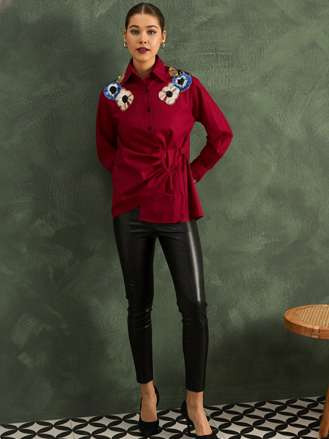 Pure Cotton Tie-Up Sequinned Shirt
