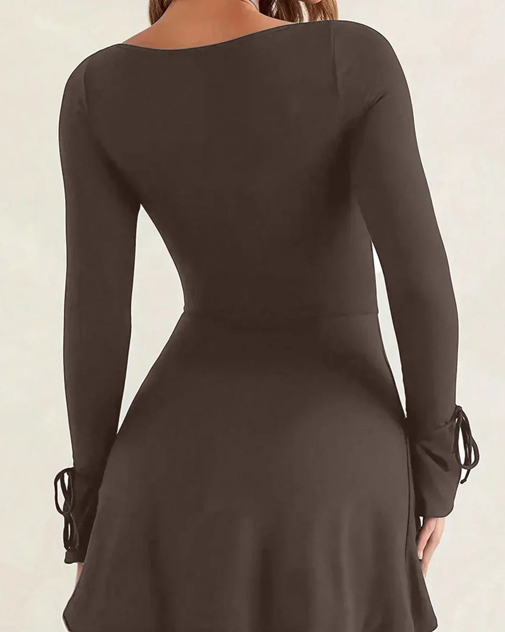 Square Neck Long Sleeve Tie-Slit Bodycon Mini Dress in Brown