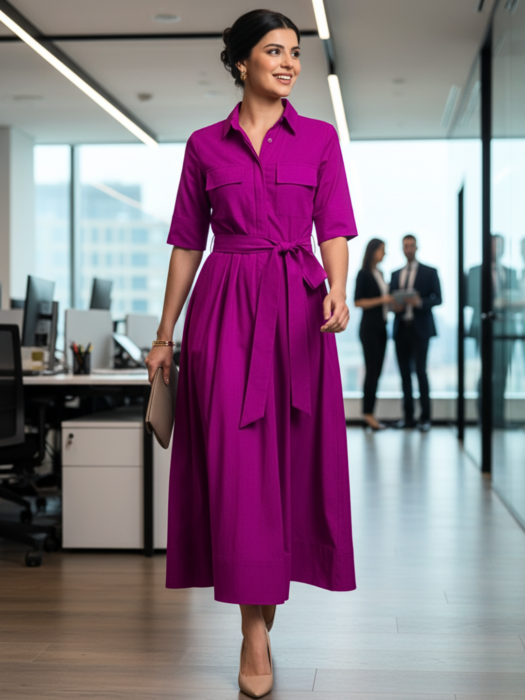 Pure Cotton Flared Shirt Dress With Belt - Pinkkup