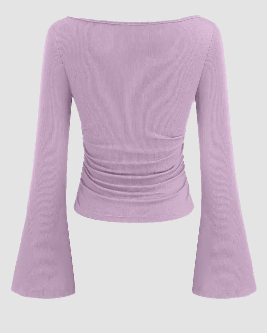 Boat Neck Solid Ruched Long Sleeve Top in Lilac