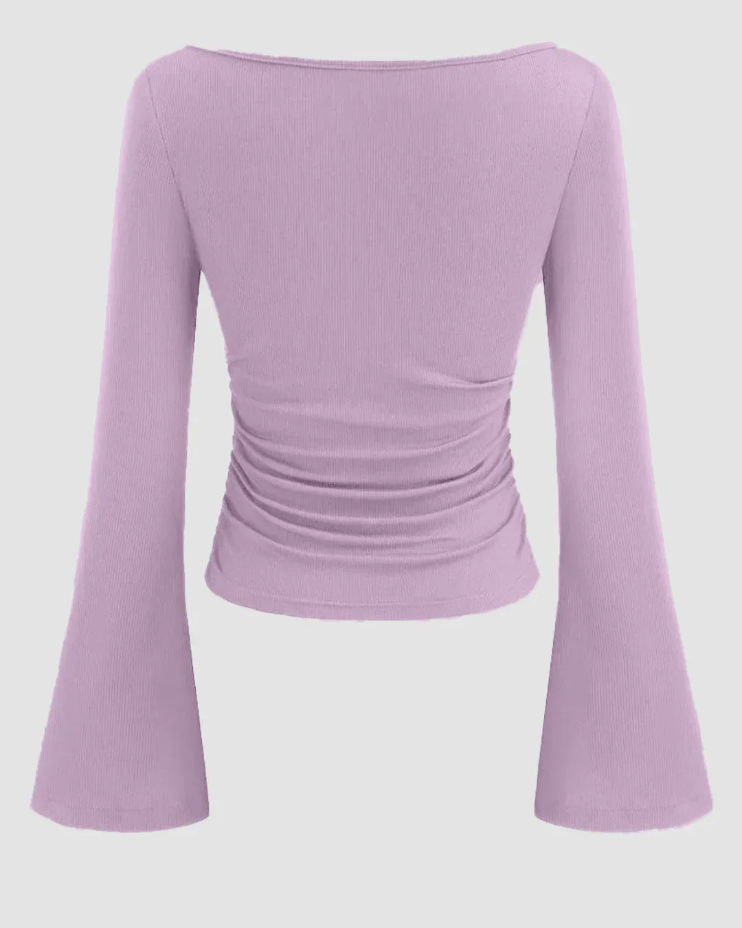 Boat Neck Solid Ruched Long Sleeve Top in Lilac