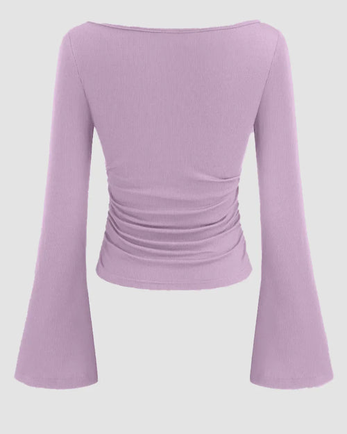 Boat Neck Solid Ruched Long Sleeve Top in Lilac
