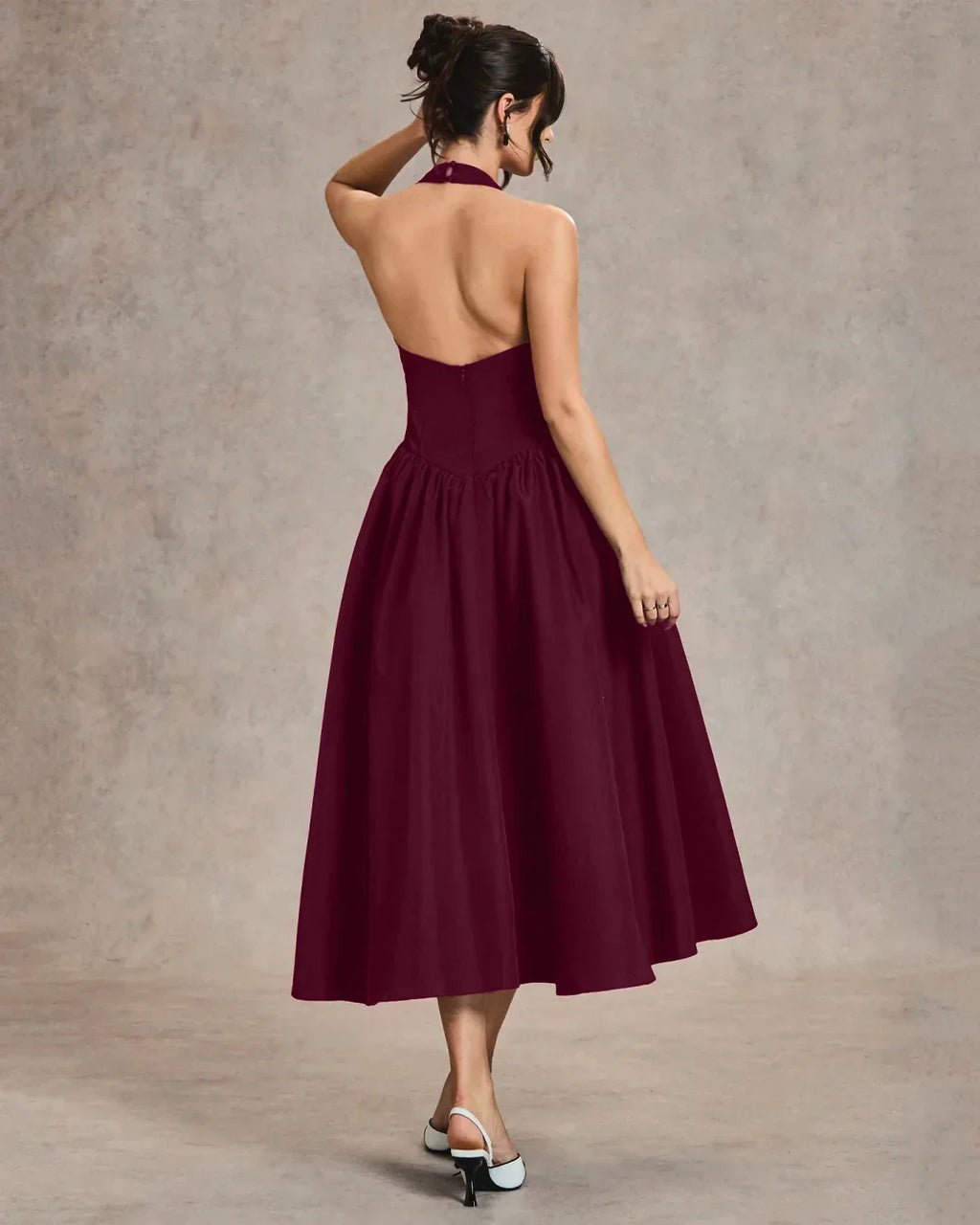 Burgundy Halter Neck A-Line Midi Dress