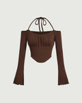 Tie Around Corset Off Shoulder Top In Chocolate Fonde
