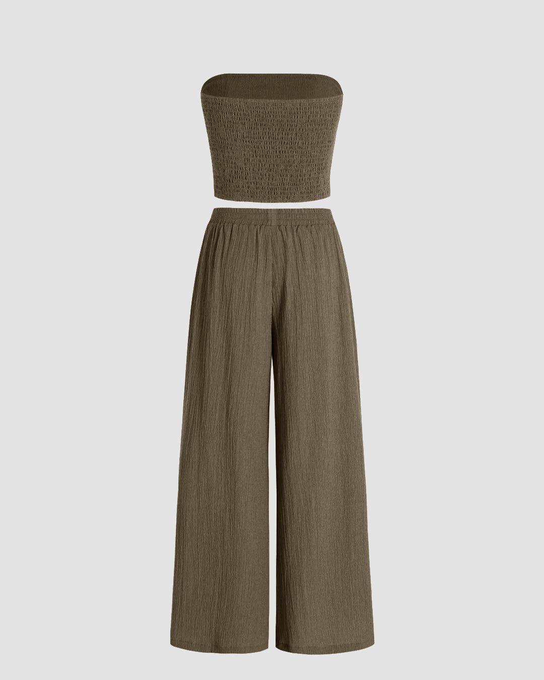Off Shoulder Crop Top And Wide Leg Pant In Dark Grey