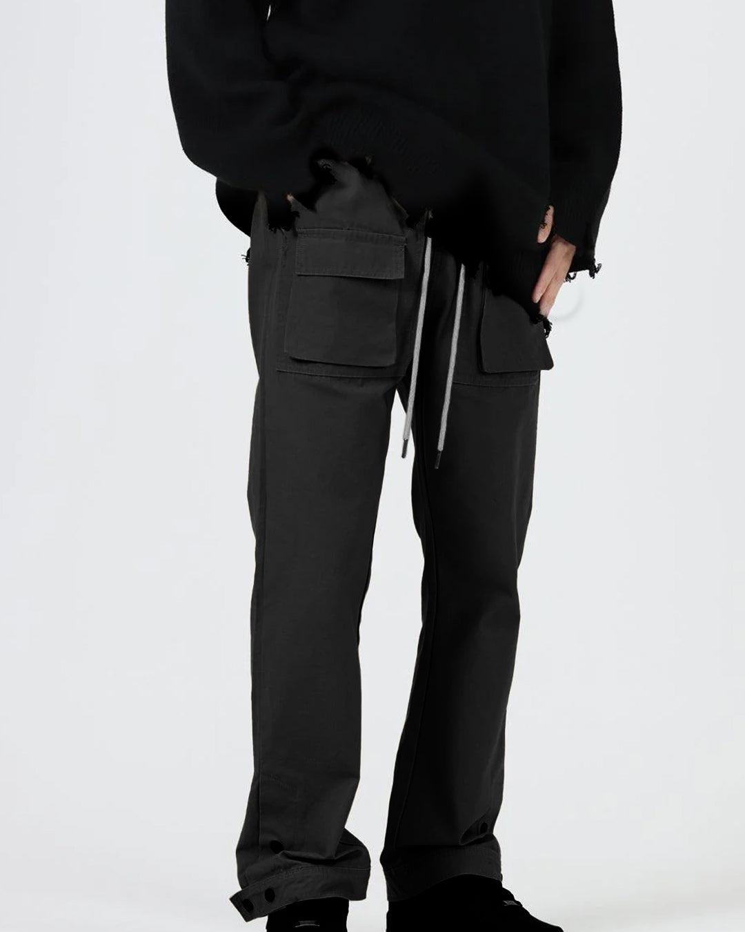Men Slim Summer Thin Cargo Double Button Black Pants