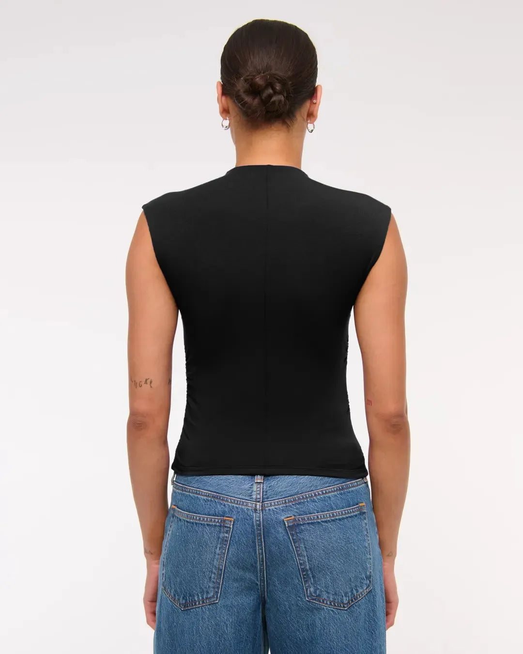 Sleeveless Mock Neck Ruched Fitted Top In Black