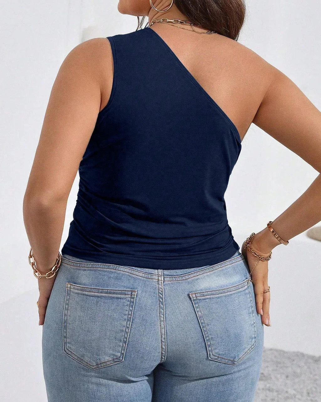 One Shoulder Ruched Asymmetrical Top in Navy Blue