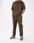 Men Crew Neck Short Sleeve Flap Pocket Drawstring Casual Comfortable Set in Chocolate Brown