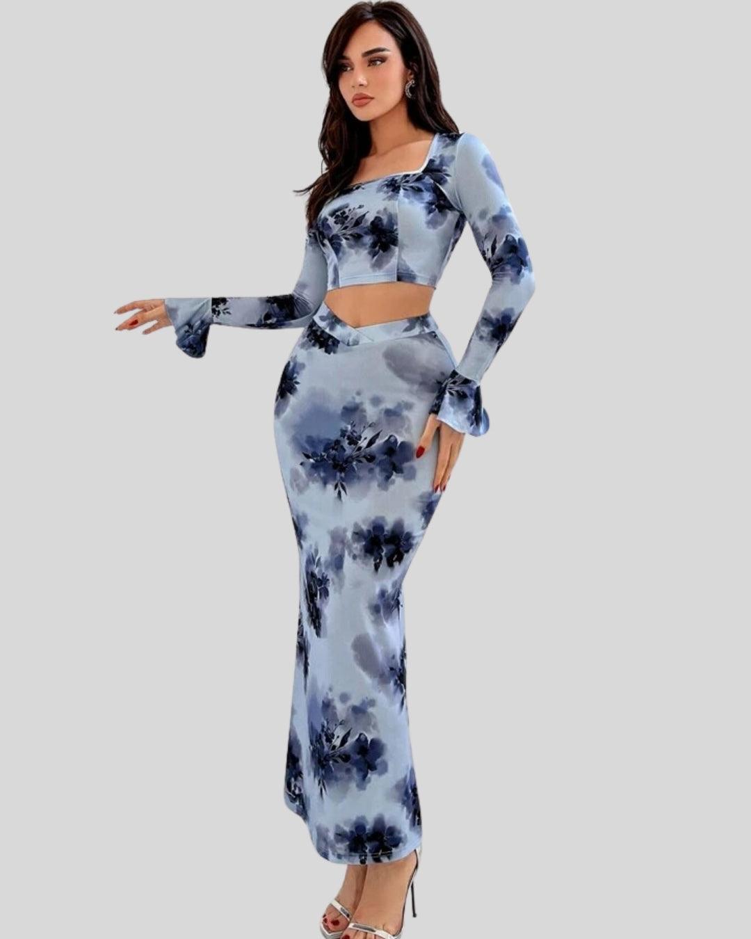 Square Neck Floral Print Top and Mermaid Skirt