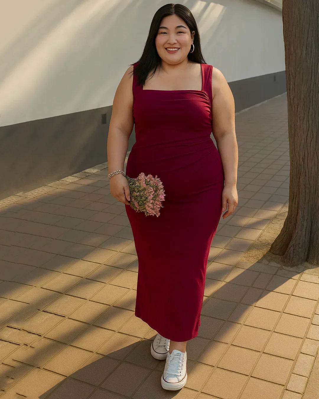 Solid Ruched Sleeveless Ribbed Knit Dress In Maroon Curve & Plus