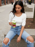 Cotton Solid Stretchable Round Neck Puff Sleeve Top - Pinkkup