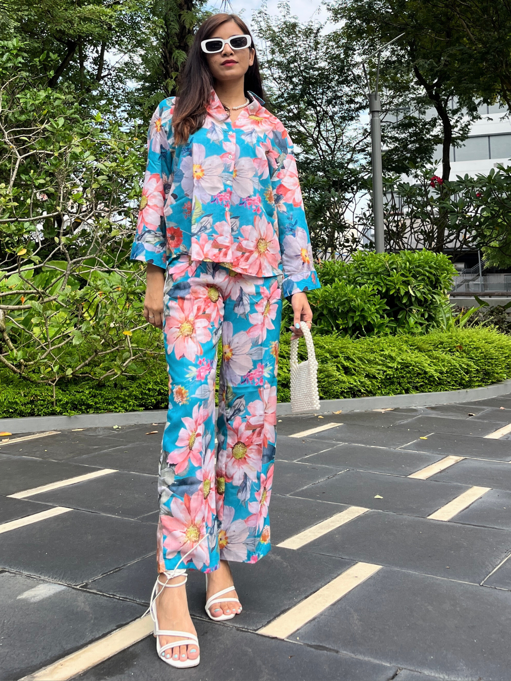 Floral Linen Printed Two Piece Co-ord Set - Pinkkup