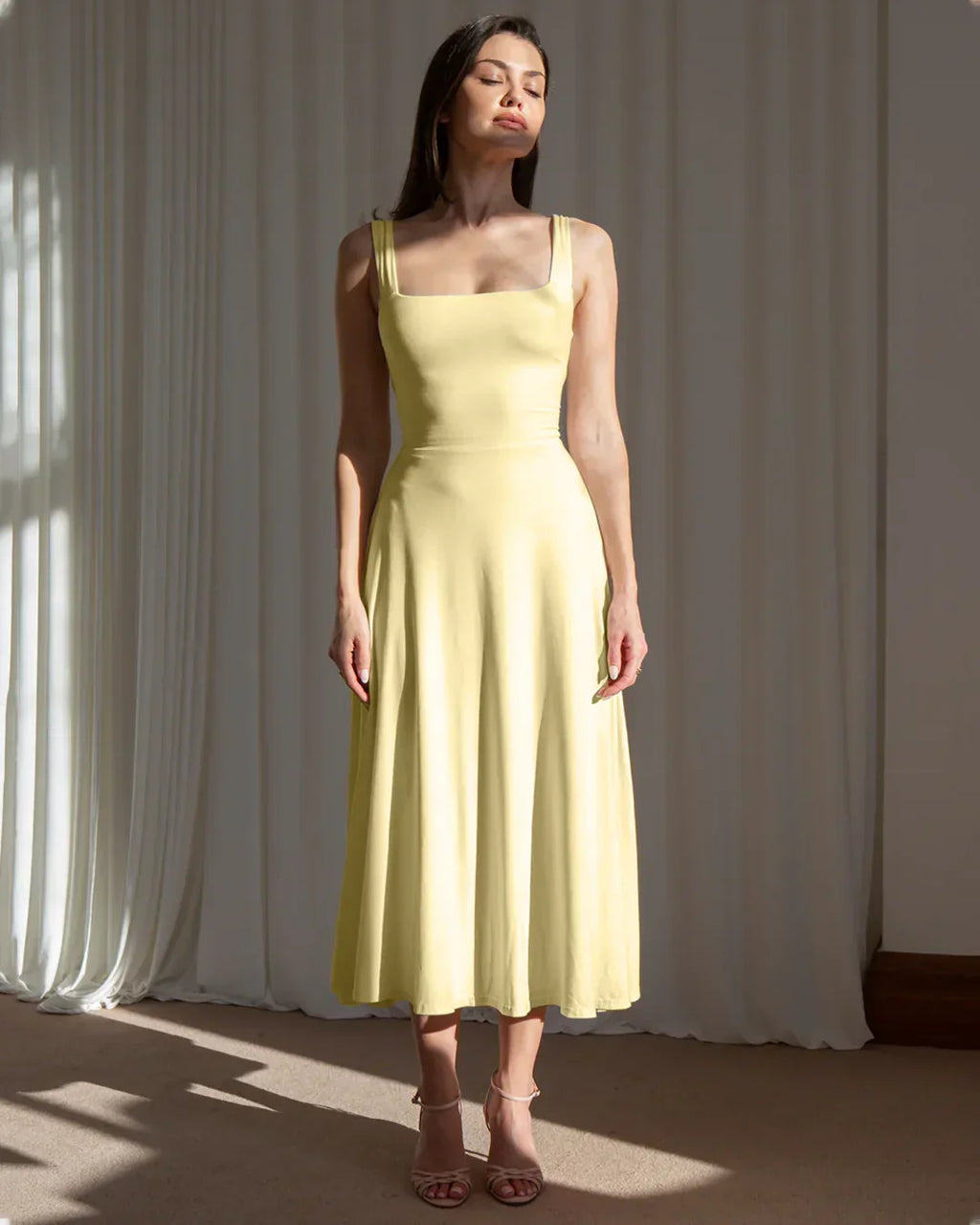 Minimal Fit and Flare Vanilla Midi Dress