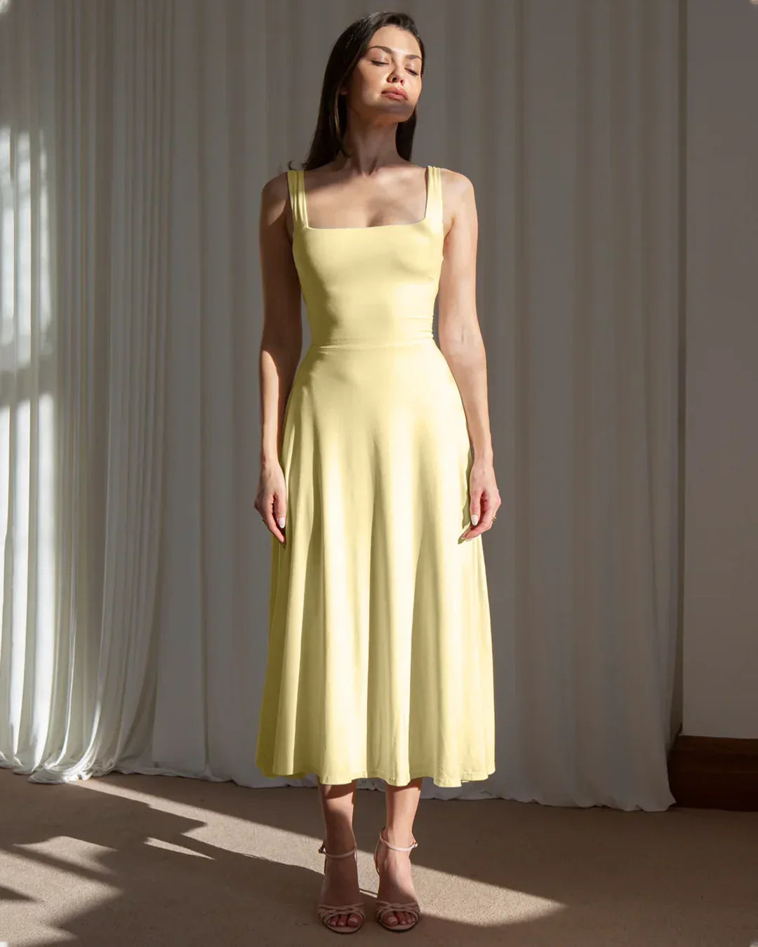 Minimal Fit and Flare Vanilla Midi Dress