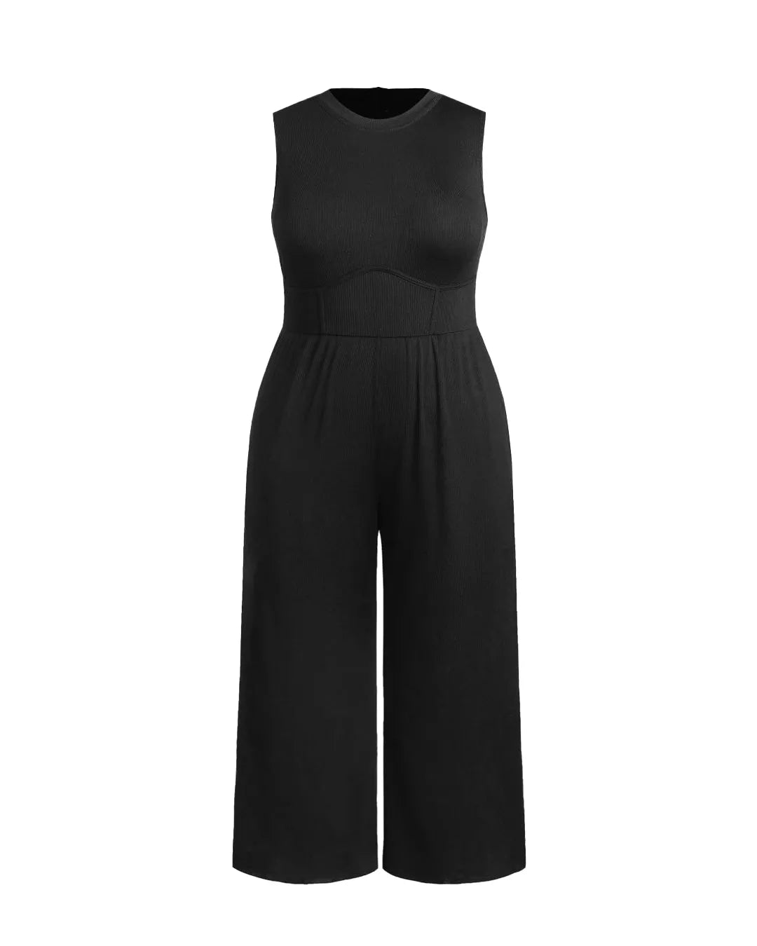 Solid Sleeveless Wide Leg Black Jumpsuit Curve & Plus