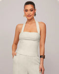 Solid Color Slim Fit Halter Neck Crop Top in Beige