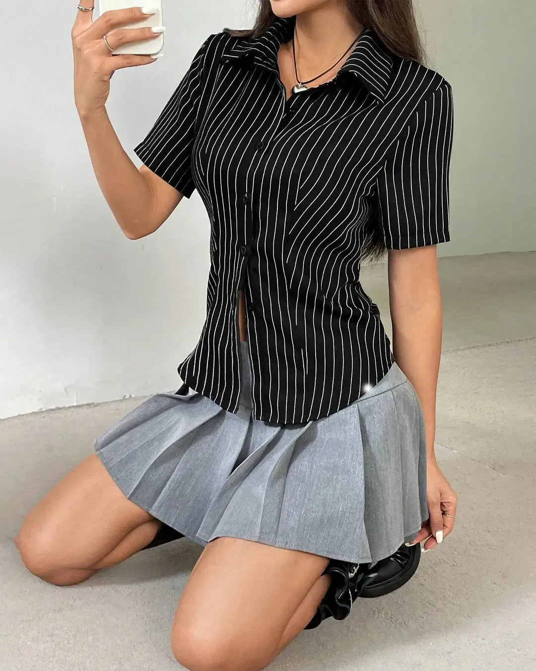Striped Print Button Front Shirt In Black