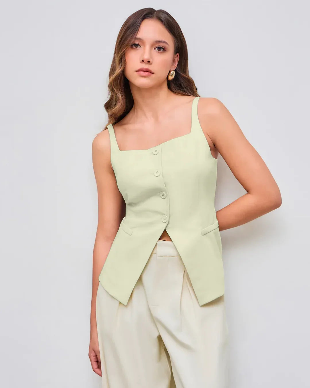 Sleeveless Button Down Corset Style Top in Beige