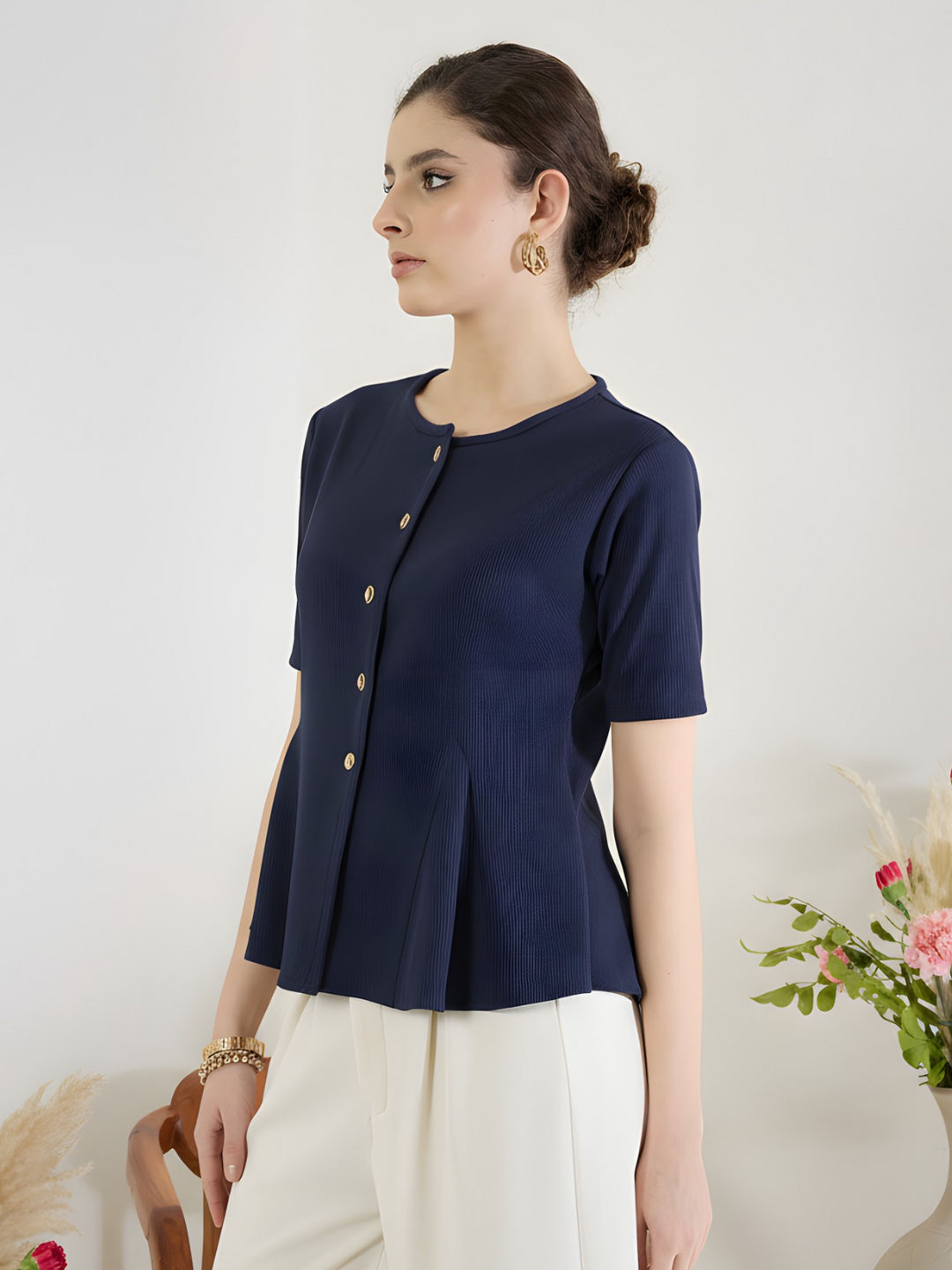 Stretchable Ribbed Flared Peplum Top