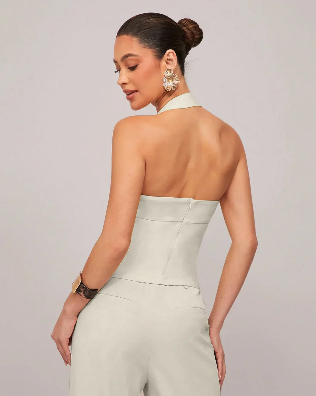 Solid Color Slim Fit Halter Neck Crop Top in Beige