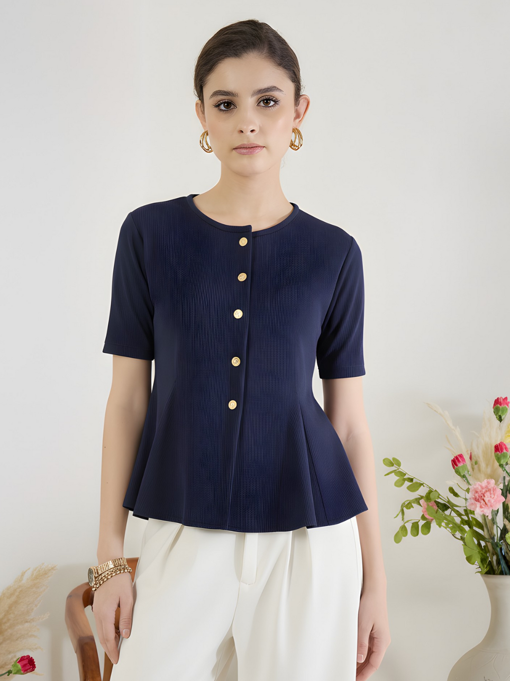 Stretchable Ribbed Flared Peplum Top - Pinkkup