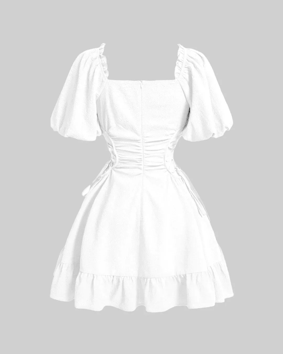 Solid Lace Up Side Ruffle Dress In Off White