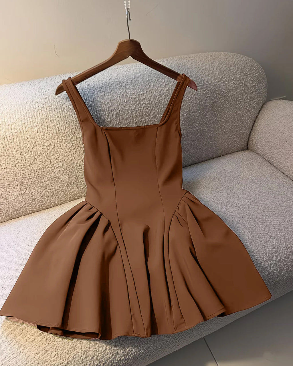 Square neck zipper detail Sleeveless Flared Mini Dress in Brown