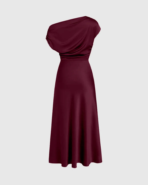 Asymmetrical Boat Neck Ruffle Maxi Dress In Cherry Red