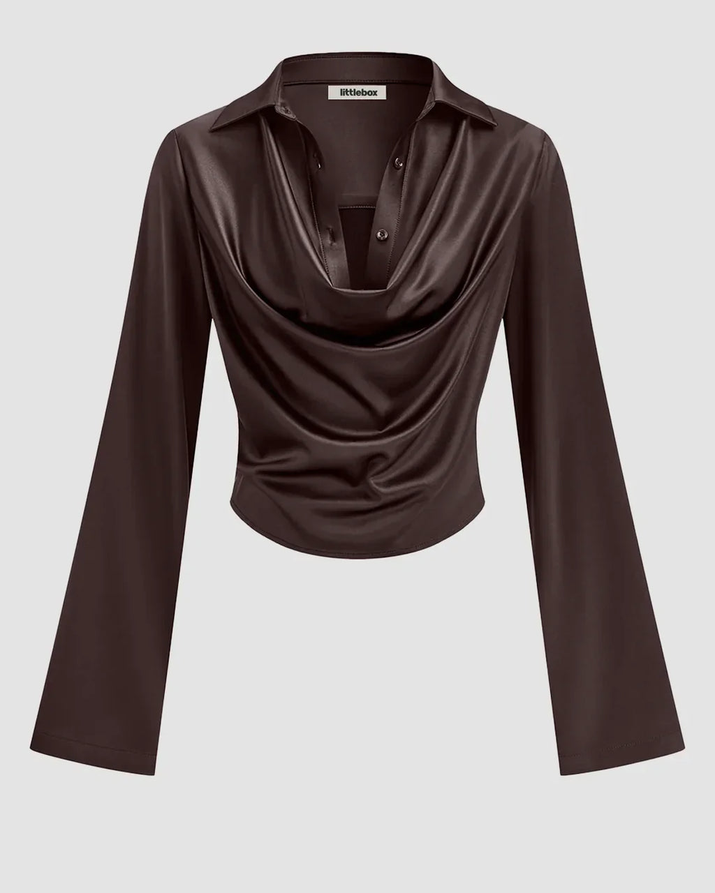 Satin Cowl Neck Long Sleeve Top in Coffee