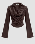 Satin Cowl Neck Long Sleeve Top in Coffee