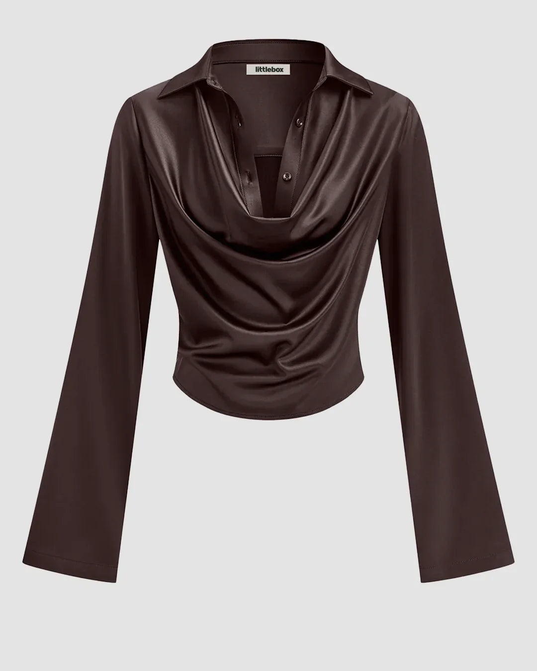 Satin Cowl Neck Long Sleeve Top in Coffee