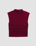 Sleeveless Mock Neck Ruched Fitted Top In Burgundy