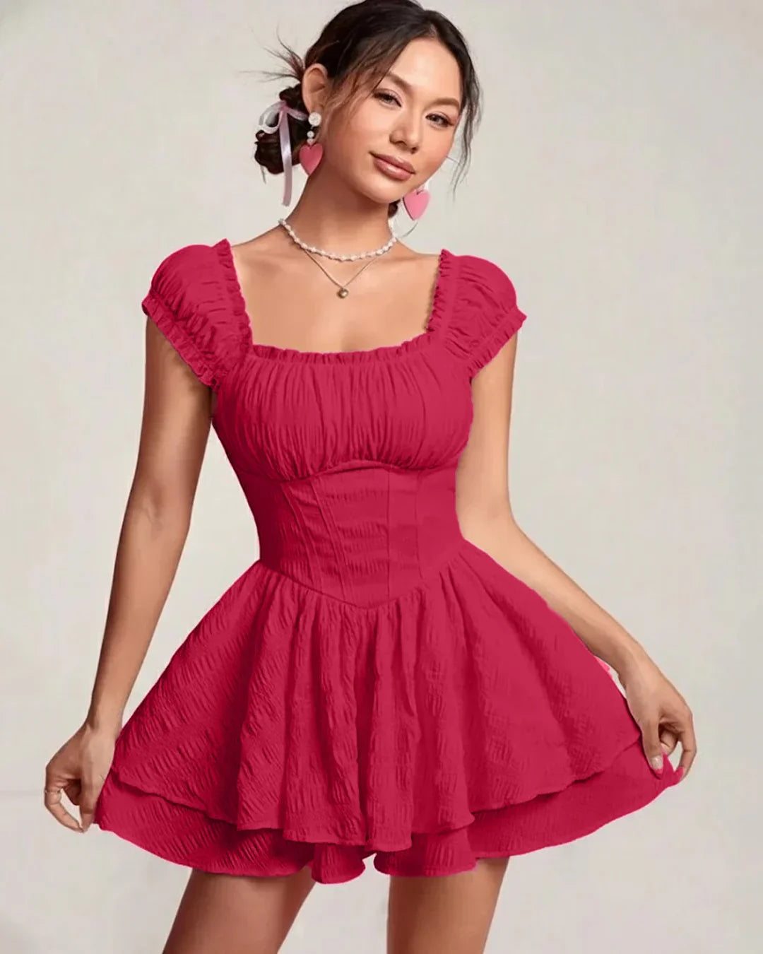 Square Neck Double Layer Short Sleeve Dress In Hot Pink