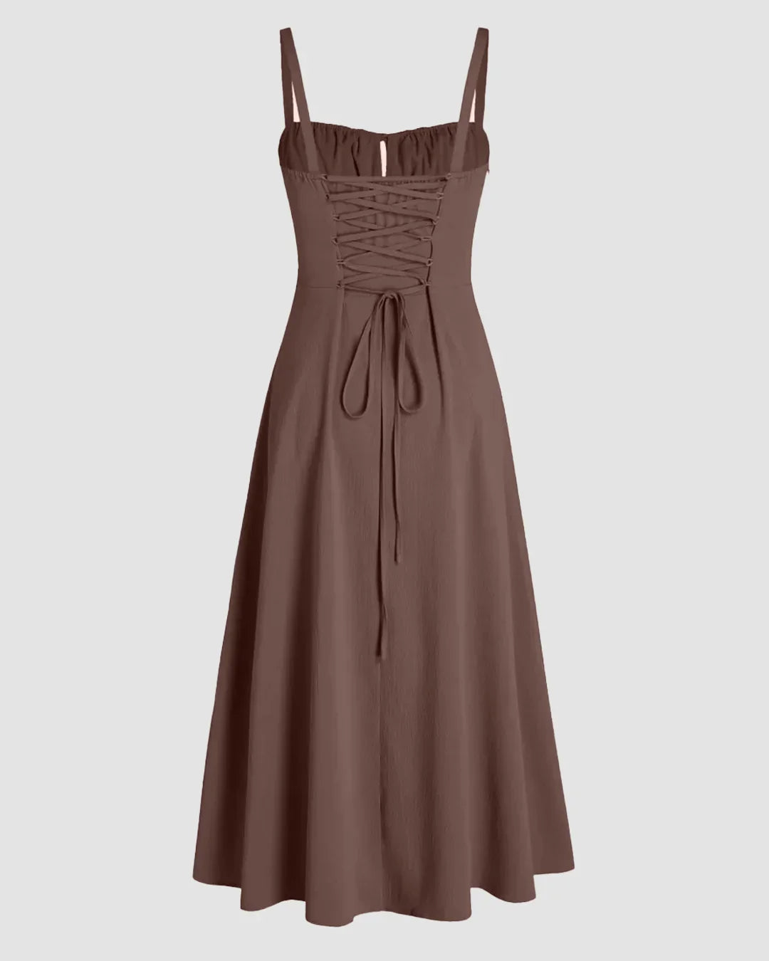 Spaghetti Strap Ruched Bust Slit Midi Dress in Coco